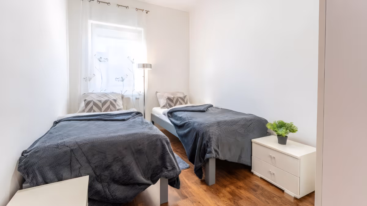 Minimalist bedroom with two single beds featuring gray blankets, patterned pillows, a floor lamp, white walls, wooden floor, and a white bedside table with a green potted plant.